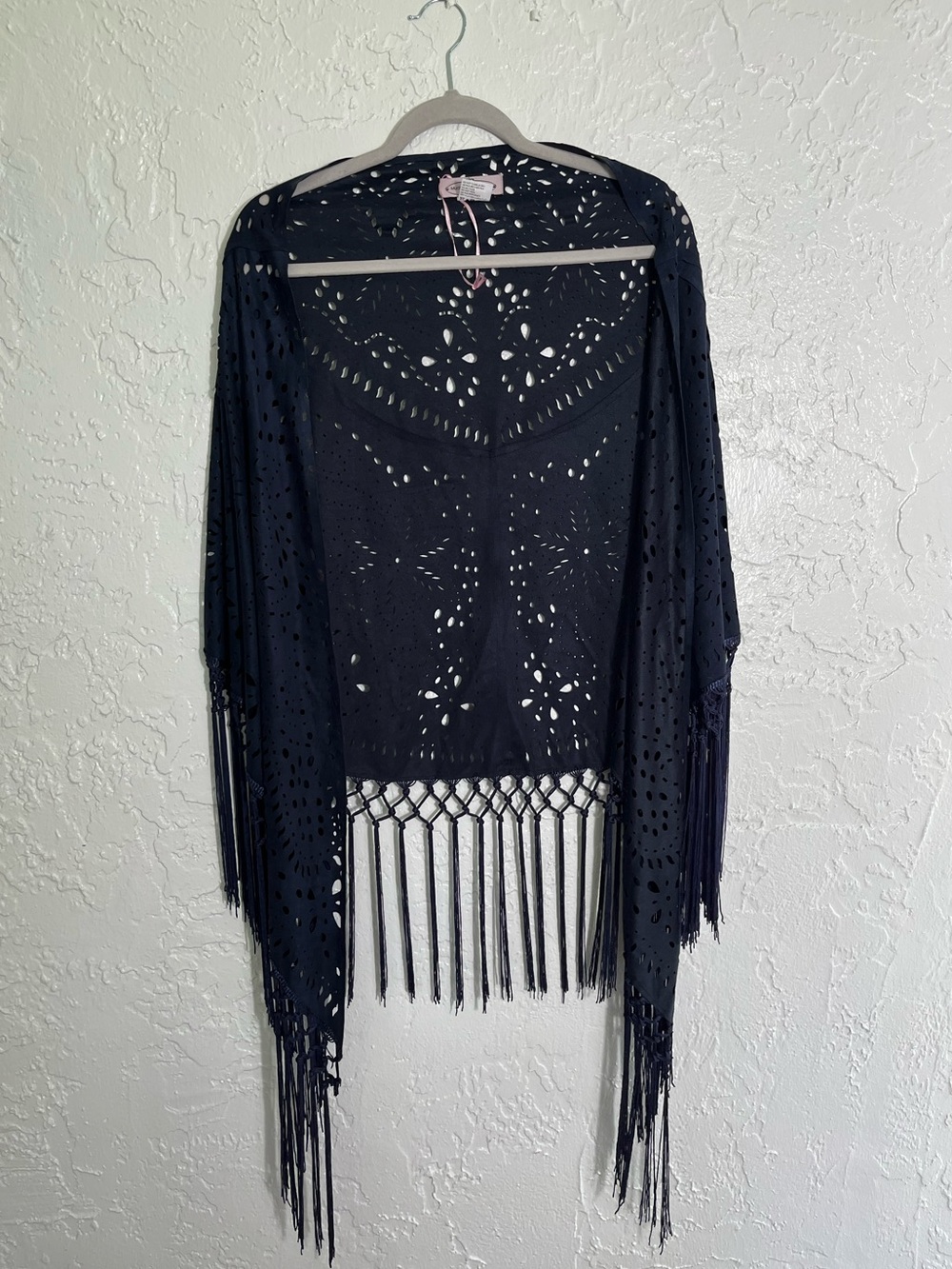 Muche et Muchette Navy Fringe Kimono Laser Cut Boho Festival Cover Up One Size